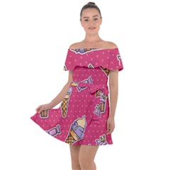 Seamless Pattern Patches With Ice Cream Off Shoulder Velour Dress by Vaneshart