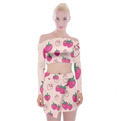 Seamless Strawberry Fruit Pattern Background Off Shoulder Top With Mini Skirt Set by Vaneshart