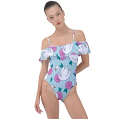 Classy-swan-pattern Frill Detail One Piece Swimsuit by Vaneshart