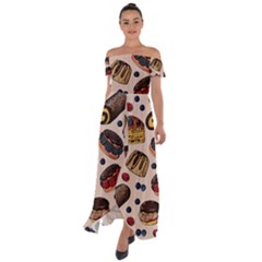 Seamless-pattern-with-sweet-cakes-berries Off Shoulder Open Front Chiffon Dress by Vaneshart
