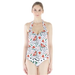Seamless-vector-pattern-with-watermelons-mint Halter Swimsuit by Vaneshart
