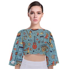 Seamless-pattern-musical-instruments-notes-headphones-player Tie Back Butterfly Sleeve Chiffon Top by Vaneshart