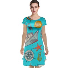 Colored Sketched Sea Elements Pattern Background Sea Life Animals Illustration Cap Sleeve Nightdress by BangZart