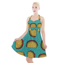 Taco Drawing Background Mexican Fast Food Pattern Halter Party Swing Dress  by BangZart