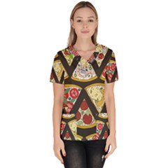 Vector Seamless Pattern With Italian Pizza Top View Women s V-neck Scrub Top by BangZart