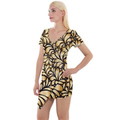 Damask Teardrop Gold Ornament Seamless Pattern Short Sleeve Asymmetric Mini Dress by BangZart