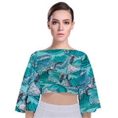 Sea Waves Seamless Pattern Tie Back Butterfly Sleeve Chiffon Top by BangZart