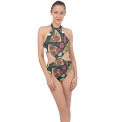 Vector Seamless Pizza Slice Pattern Hand Drawn Pizza Illustration Great Background Halter Side Cut Swimsuit by BangZart