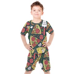 Vector Seamless Pizza Slice Pattern Hand Drawn Pizza Illustration Great Background Kids  Tee And Shorts Set by BangZart