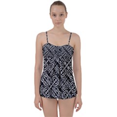 Linear Black And White Ethnic Print Babydoll Tankini Set by dflcprintsclothing