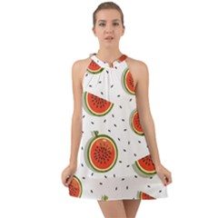 Seamless-background-pattern-with-watermelon-slices Halter Tie Back Chiffon Dress by BangZart