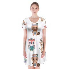 Cute Cartoon Boho Animals Seamless Pattern Short Sleeve V-neck Flare Dress by BangZart