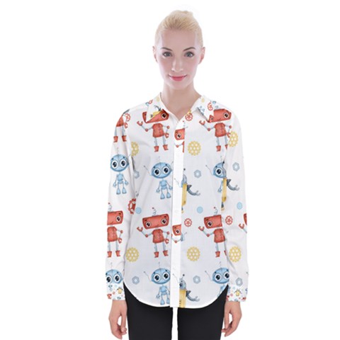 Cute Cartoon Robots Seamless Pattern Womens Long Sleeve Shirt by BangZart