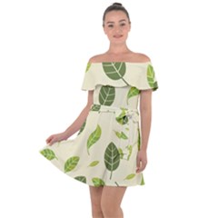 Leaf Spring Seamless Pattern Fresh Green Color Nature Off Shoulder Velour Dress by BangZart