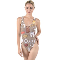 Vector Seamless Pattern With Doodle Coffee Equipment High Leg Strappy Swimsuit by BangZart