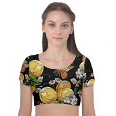 Embroidery Blossoming Lemons Butterfly Seamless Pattern Velvet Short Sleeve Crop Top  by BangZart