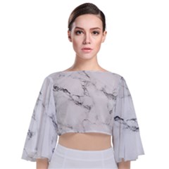 White Faux Marble Tie Back Butterfly Sleeve Chiffon Top by Dushan