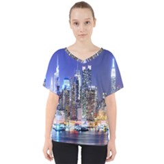 New-york Cityscape  V-neck Dolman Drape Top by Dushan