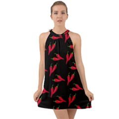 Red, Hot Jalapeno Peppers, Chilli Pepper Pattern At Black, Spicy Halter Tie Back Chiffon Dress by Casemiro