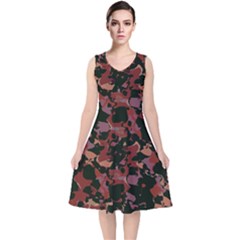 Red Dark Camo Abstract Print V-neck Midi Sleeveless Dress  by dflcprintsclothing