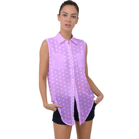 White Polka Dot Pastel Purple Background, Pink Color Vintage Dotted Pattern Sleeveless Chiffon Button Shirt by Casemiro