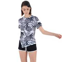 Black And White Leafs Pattern, Tropical Jungle, Nature Themed Asymmetrical Short Sleeve Sports Tee by Casemiro