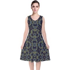 Modern Ornate Stylized Motif Print V-neck Midi Sleeveless Dress  by dflcprintsclothing