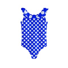Dark Blue And White Polka Dots Pattern, Retro Pin-up Style Theme, Classic Dotted Theme Kids  Frill Swimsuit by Casemiro