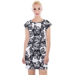 Stylized Botanical Motif Black And White Print Cap Sleeve Bodycon Dress by dflcprintsclothing
