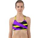 Abstract triangles, three color dotted pattern, purple, yellow, black in saturated colors Back Web Sports Bra View1
