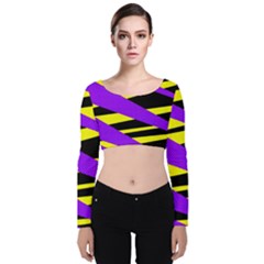 Abstract Triangles, Three Color Dotted Pattern, Purple, Yellow, Black In Saturated Colors Velvet Long Sleeve Crop Top by Casemiro