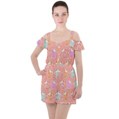 Cute Kawaii Kittens Seamless Pattern Ruffle Cut Out Chiffon Playsuit by Amaryn4rt