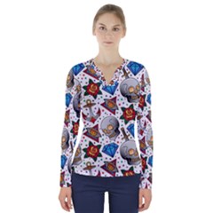 Full Color Flash Tattoo Patterns V-neck Long Sleeve Top by Amaryn4rt