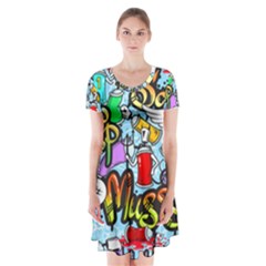 Graffiti Characters Seamless Pattern Short Sleeve V-neck Flare Dress by Amaryn4rt