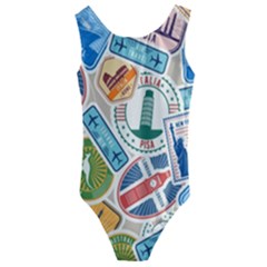 Travel Pattern Immigration Stamps Stickers With Historical Cultural Objects Travelling Visa Immigrant Kids  Cut-out Back One Piece Swimsuit by Amaryn4rt