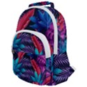 Background With Violet Blue Tropical Leaves Rounded Multi Pocket Backpack View1