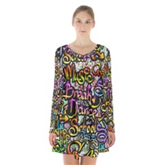Graffiti Word Seamless Pattern Long Sleeve Velvet V-neck Dress by Amaryn4rt