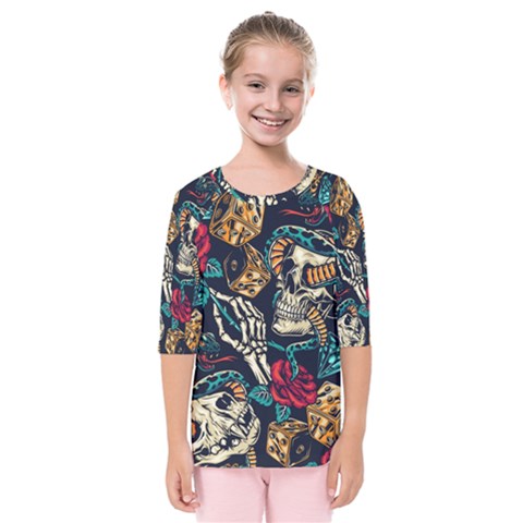 Vintage Art Tattoos Colorful Seamless Pattern Kids  Quarter Sleeve Raglan Tee by Amaryn4rt