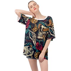 Vintage Art Tattoos Colorful Seamless Pattern Oversized Chiffon Top by Amaryn4rt