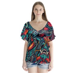 Vintage Tattoos Colorful Seamless Pattern V-neck Flutter Sleeve Top by Amaryn4rt