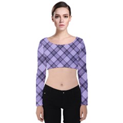 Pastel Purple And Steel Black Lines Pattern, Retro Tartan, Classic Plaid Velvet Long Sleeve Crop Top by Casemiro