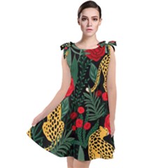 Seamless-pattern-with-leopards-and-roses-vector Tie Up Tunic Dress by Sobalvarro