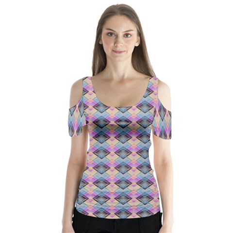 Pink And Blue Butterfly Sleeve Cutout Tee  by Sparkle