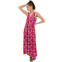Girl With Hood Cape Heart Lemon Pattern Pink V-neck Chiffon Maxi Dress by snowwhitegirl