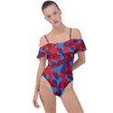 Red and Blue Camouflage Pattern Frill Detail One Piece Swimsuit View1