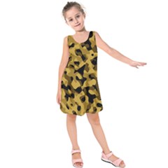 Black Yellow Brown Camouflage Pattern Kids  Sleeveless Dress by SpinnyChairDesigns