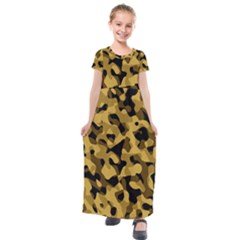 Black Yellow Brown Camouflage Pattern Kids  Short Sleeve Maxi Dress by SpinnyChairDesigns
