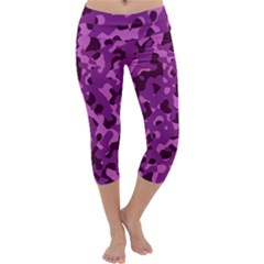 Dark Purple Camouflage Pattern Capri Yoga Leggings by SpinnyChairDesigns