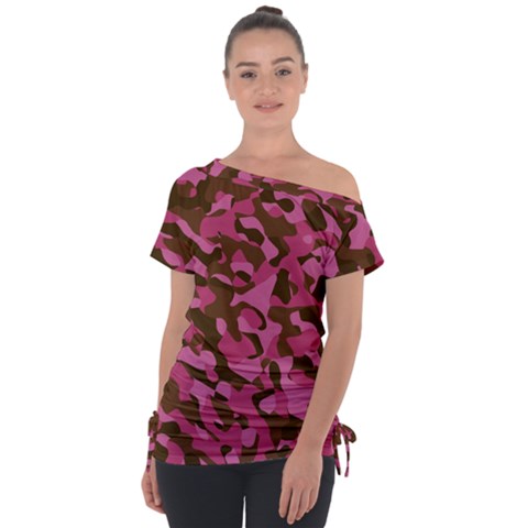 Pink And Brown Camouflage Tie-up Tee by SpinnyChairDesigns