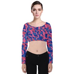 Blue And Pink Camouflage Pattern Velvet Long Sleeve Crop Top by SpinnyChairDesigns